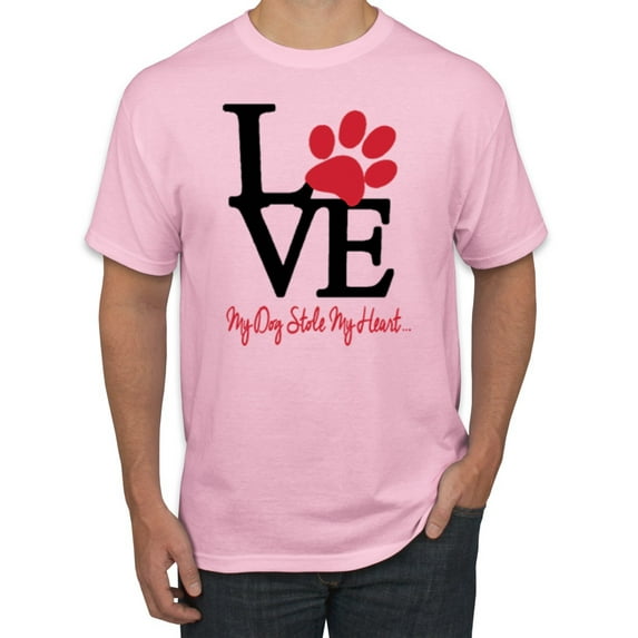 Wild Bobby, Love My Dog Stole My Heart Red Pawprints Pop Culture Men's Graphic T-Shirt, Light Pink, 5XL