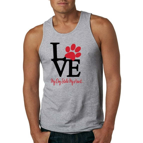 Wild Bobby, Love My Dog Stole My Heart Red Pawprints Pop Culture Mens Graphic Tank Top, Heather Grey, Small