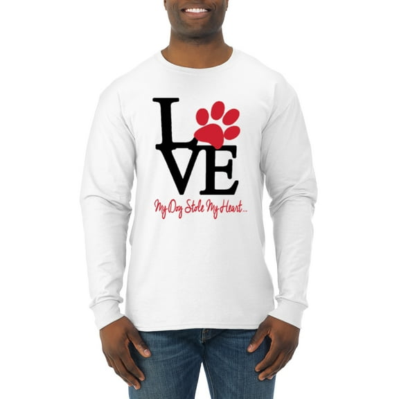 Wild Bobby, Love My Dog Stole My Heart Red Pawprints Pop Culture Mens Long Sleeve Shirt, White, Large