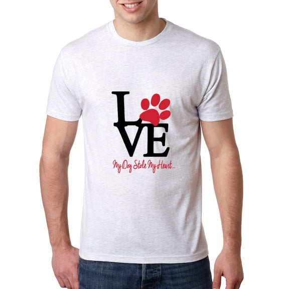 Wild Bobby, Love My Dog Stole My Heart Red Pawprints Pop Culture Mens Premium Tri Blend T-Shirt, Heather White, Small