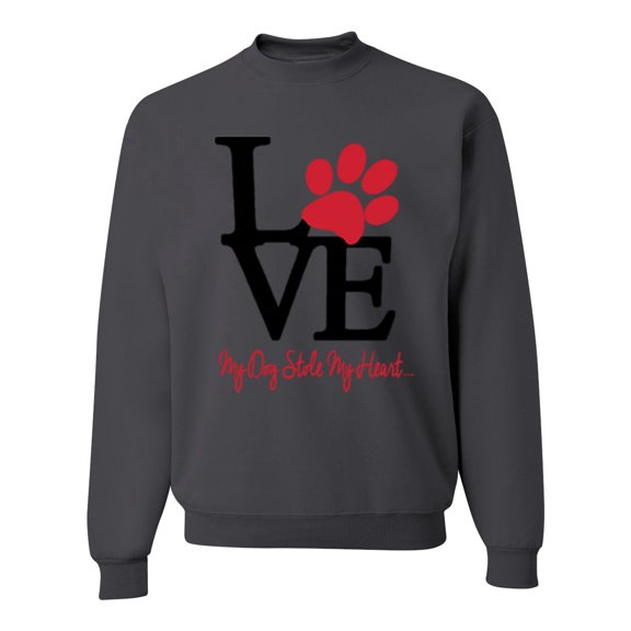 Wild Bobby, Love My Dog Stole My Heart Red Pawprints Pop Culture Unisex Crewneck Graphic Sweatshirt, Charcoal, X-Large