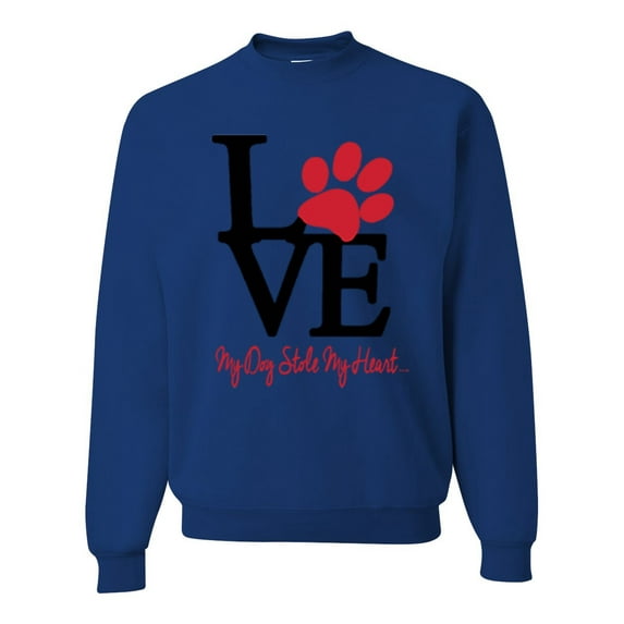 Wild Bobby, Love My Dog Stole My Heart Red Pawprints Pop Culture Unisex Crewneck Graphic Sweatshirt, Royal, Medium