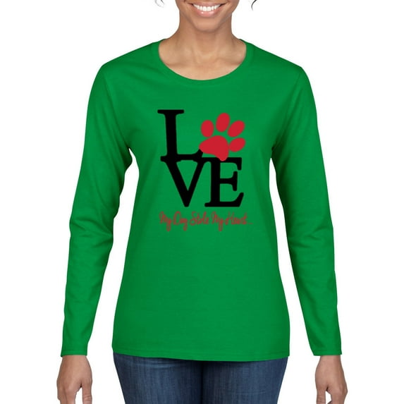 Wild Bobby, Love My Dog Stole My Heart Red Pawprints Pop Culture Womens Graphic Long Sleeve T-Shirt, Kelly, X-Large