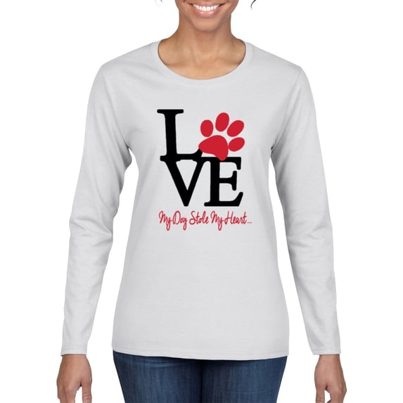 Wild Bobby, Love My Dog Stole My Heart Red Pawprints Pop Culture Womens Graphic Long Sleeve T-Shirt, White, Medium