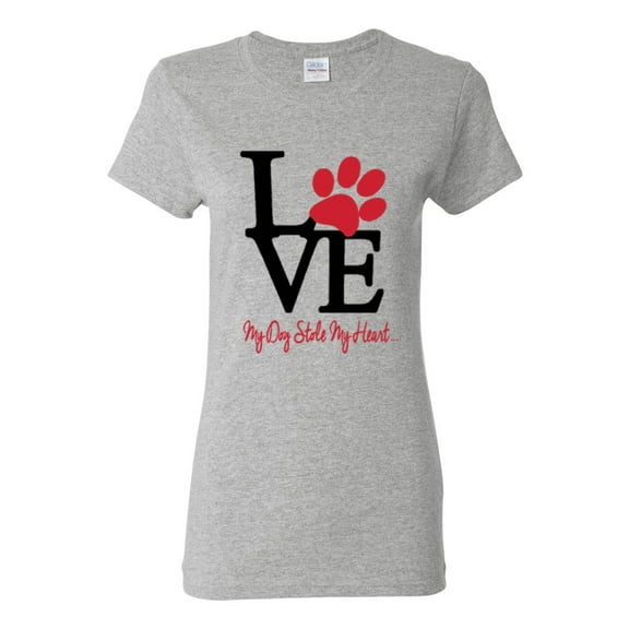 Wild Bobby, Love My Dog Stole My Heart Red Pawprints Pop Culture Womens Graphic T-Shirt, Heather Grey, X-Large