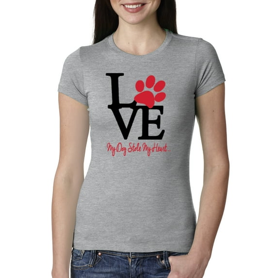 Love My Dog Stole My Heart Red Pawprints Pop Culture Womens Slim Fit Junior Tee, Heather Grey, Small