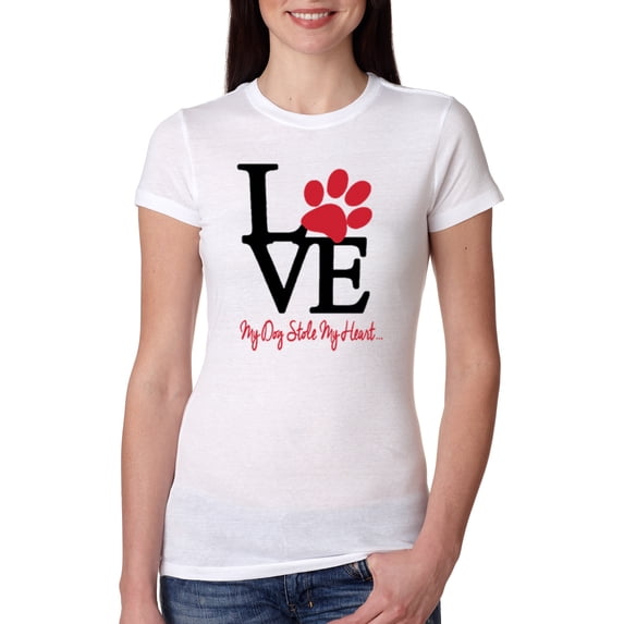 Wild Bobby, Love My Dog Stole My Heart Red Pawprints Pop Culture Womens Slim Fit Junior Tee, White, 2XL