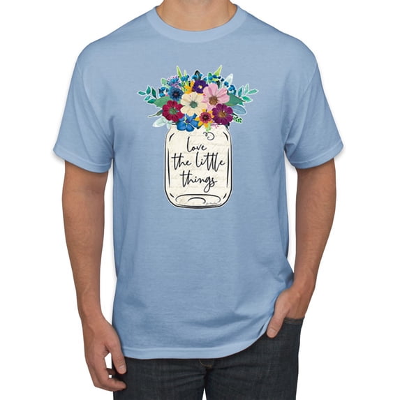 Wild Bobby, Love The Little Things Artsy Jar with Flowers Pop Culture Men's Graphic T-Shirt, Light Blue, 3XL