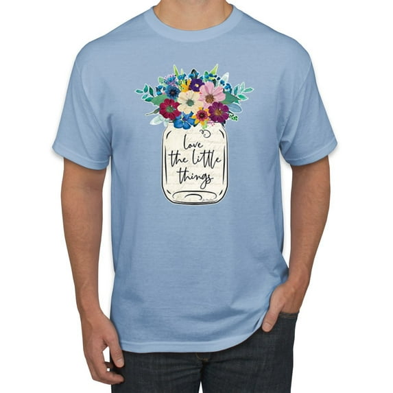 Wild Bobby, Love The Little Things Artsy Jar with Flowers Pop Culture Men's Graphic T-Shirt, Light Blue, X-Large