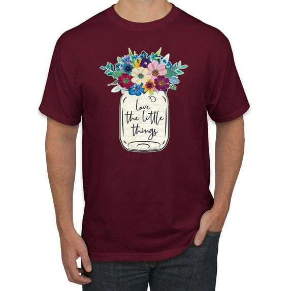 Wild Bobby, Love The Little Things Artsy Jar with Flowers Pop Culture Men's Graphic T-Shirt, Maroon, 3XL