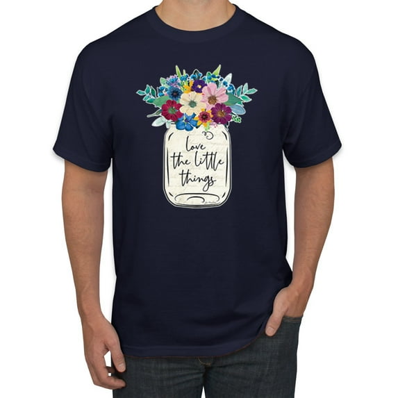 Wild Bobby, Love The Little Things Artsy Jar with Flowers Pop Culture Men's Graphic T-Shirt, Navy, Large
