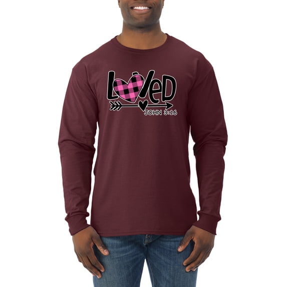 Wild Bobby, Loved John 3:16 Inspirational/Christian Men Long Sleeve Shirt, Maroon, Small