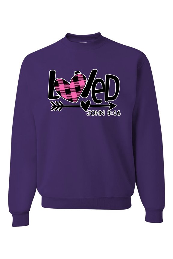 , Loved John 3:16 Inspirational/Christian Unisex Crewneck Graphic Sweatshirt, Purple, Medium