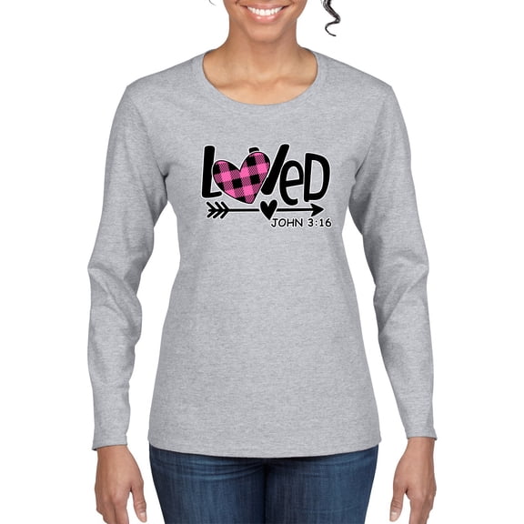 Wild Bobby Loved John 3:16 Inspirational/Christian Women Graphic Long Sleeve Tee, Heather Grey, Medium