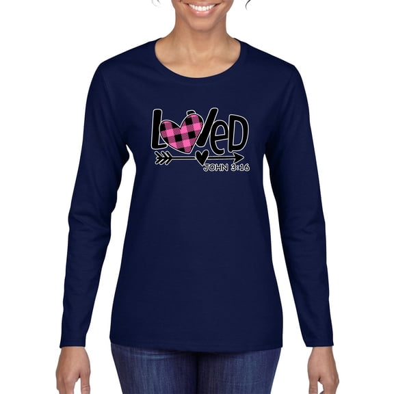 Wild Bobby Loved John 3:16 Inspirational/Christian Women Graphic Long Sleeve Tee, Navy, Small