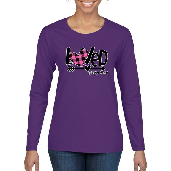 Wild Bobby Loved John 3:16 Inspirational/Christian Women Graphic Long Sleeve Tee, Purple, Large
