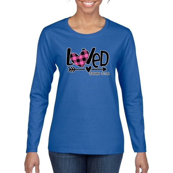 Wild Bobby, Loved John 3:16 Inspirational/Christian Women Graphic Long Sleeve Tee, Royal, X-Large