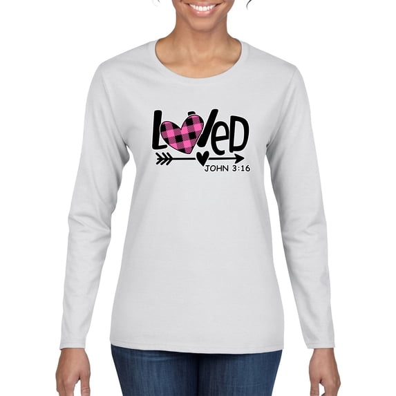 Wild Bobby, Loved John 3:16 Inspirational/Christian Women Graphic Long Sleeve Tee, White, Medium