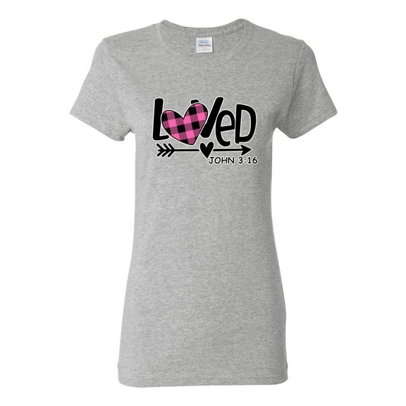 Wild Bobby Loved John 3:16 Inspirational/Christian Women Graphic Tee, Heather Grey, Small