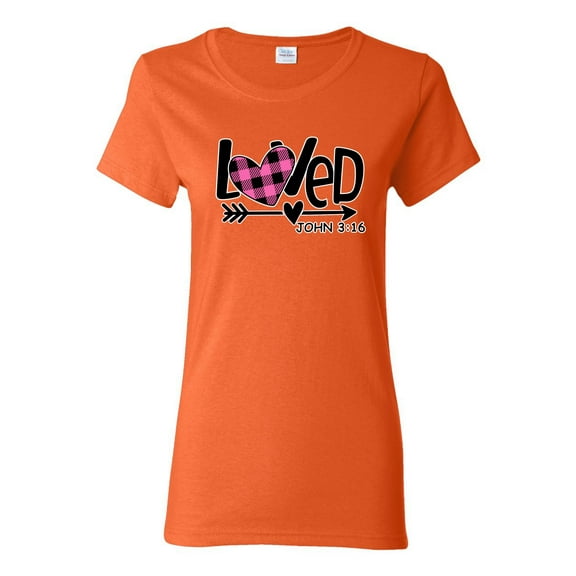 Wild Bobby Loved John 3:16 Inspirational/Christian Women Graphic Tee, Orange, Small