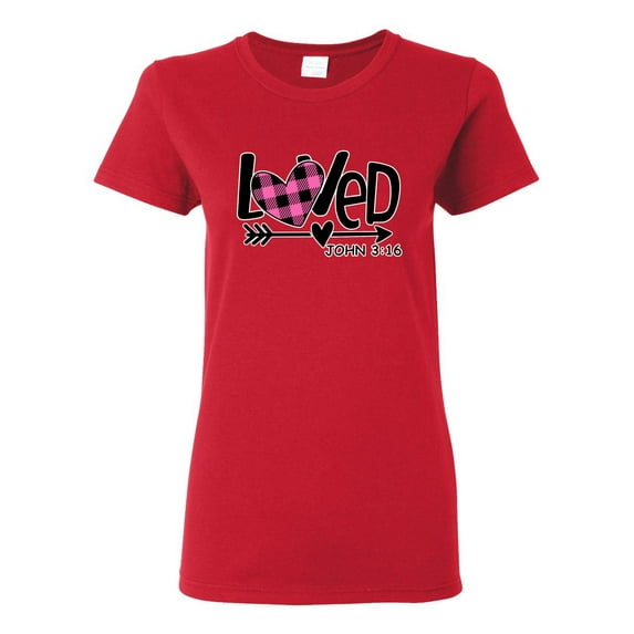 Wild Bobby Loved John 3:16 Inspirational/Christian Women Graphic Tee, Red, X-Large