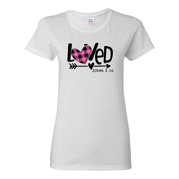 Wild Bobby Loved John 3:16 Inspirational/Christian Women Graphic Tee, White, X-Large