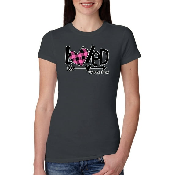 Wild Bobby, Loved John 3:16 Inspirational/Christian Women Slim Fit Junior Tee, Dark Grey, Medium