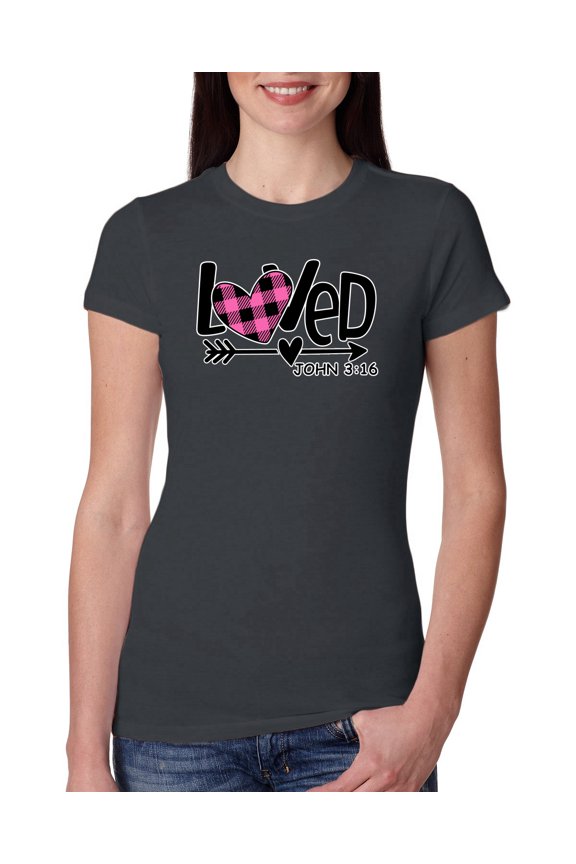 , Loved John 3:16 Inspirational/Christian Women Slim Fit Junior Tee, Dark Grey, Small