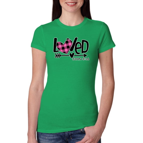 Wild Bobby, Loved John 3:16 Inspirational/Christian Women Slim Fit Junior Tee, Kelly, Large