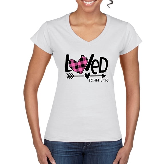 Wild Bobby Loved John 3:16 Inspirational/Christian Women Standard V-Neck Tee, White, X-Large