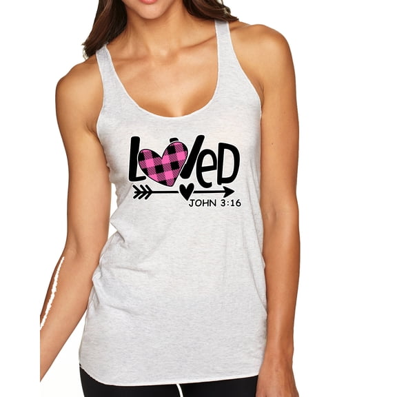 Wild Bobby Loved John 3:16 Inspirational/Christian Women Tri-Blend Racerback Tank Top, Heather White, Medium