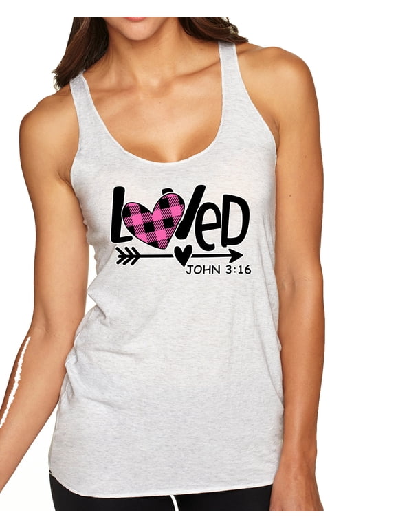 Loved John 3:16 Inspirational/Christian Women Tri-Blend Racerback Tank Top, Heather White, Small