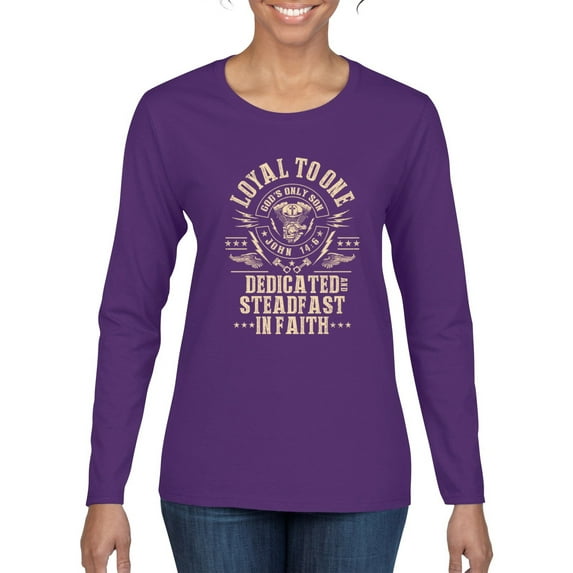 Wild Bobby Loyal To One Dedicated Steadfast In Faith | Religious Bible Verse John 14:6 Inspirational/Christian Women Graphic Long Sleeve Tee, Purple, Small