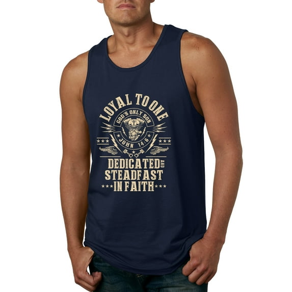 Wild Bobby, Loyal To One Dedicated Steadfast In Faith | Religious Bible Verse John 14:6 Inspirational/Christian Men Graphic Tank Top, Navy, Small