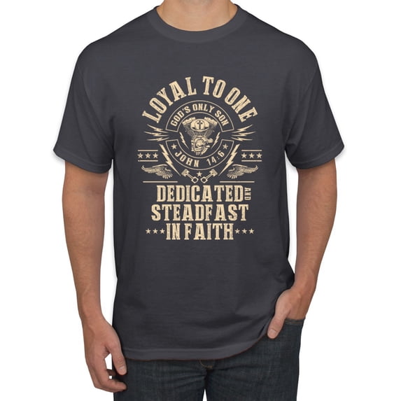 Wild Bobby, Loyal To One Dedicated Steadfast In Faith | Religious Bible Verse John 14:6 Inspirational/Christian Men Graphic Tee, Charcoal, Medium