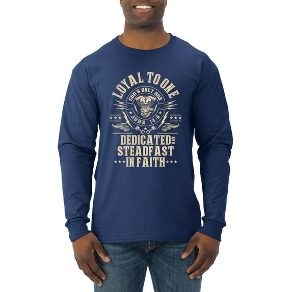 Wild Bobby, Loyal To One Dedicated Steadfast In Faith | Religious Bible Verse John 14:6 Inspirational/Christian Men Long Sleeve Shirt, Navy, Small