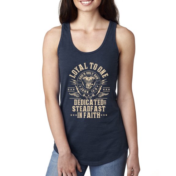 Wild Bobby, Loyal To One Dedicated Steadfast In Faith | Religious Bible Verse John 14:6 Inspirational/Christian Women Racerback Tank Top, Navy, Small