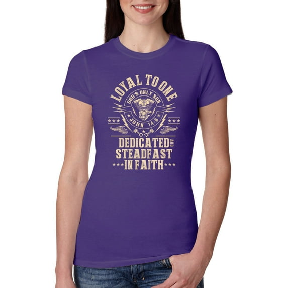 Wild Bobby, Loyal To One Dedicated Steadfast In Faith | Religious Bible Verse John 14:6 Inspirational/Christian Women Slim Fit Junior Tee, Purple Rush, Large
