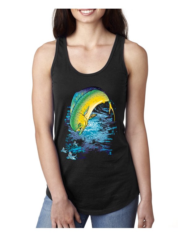 , Mahi-Mahi Fish Catching Small Fish Animal Lover Ladies Racerback Tank Top, Black, X-Large