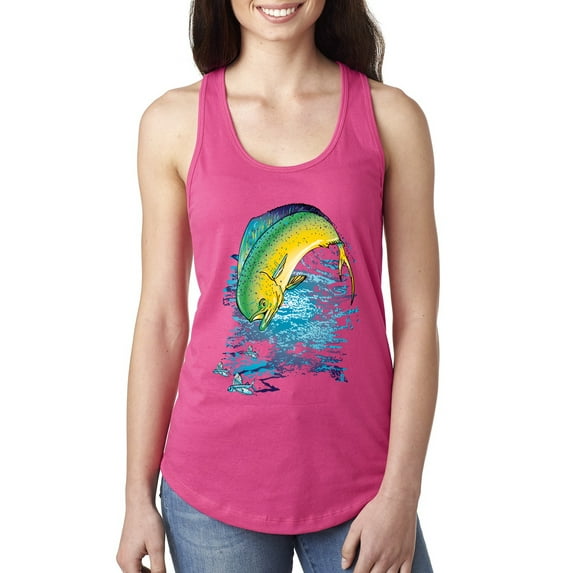 Wild Bobby, Mahi-Mahi Fish Catching Small Fish Animal Lover Ladies Racerback Tank Top, Raspberry, Medium