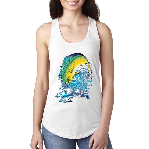 Wild Bobby, Mahi-Mahi Fish Catching Small Fish Animal Lover Ladies Racerback Tank Top, White, Small