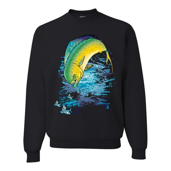Wild Bobby, Mahi-Mahi Fish Catching Small Fish Animal Lover Unisex Crewneck Graphic Sweatshirt, Black, 3XL
