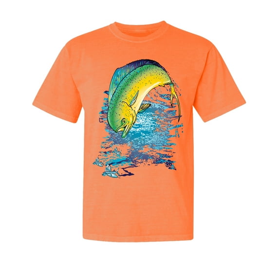 Wild Bobby, Mahi-Mahi Fish Catching Small, Fish, Garment-Dyed Washed Look Short Sleeve Tees, Neon Orange, Small