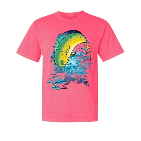 Wild Bobby, Mahi-Mahi Fish Catching Small, Fish, Garment-Dyed Washed Look Short Sleeve Tees, Neon Pink, X-Large
