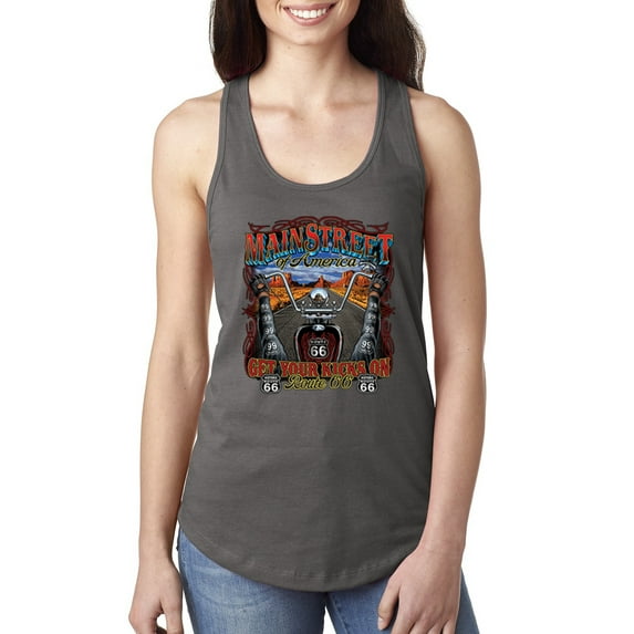 Wild Bobby, Main Street of America Route 66 Bike Motorcycle Cars and Trucks Ladies Racerback Tank Top, Dark Grey, Large