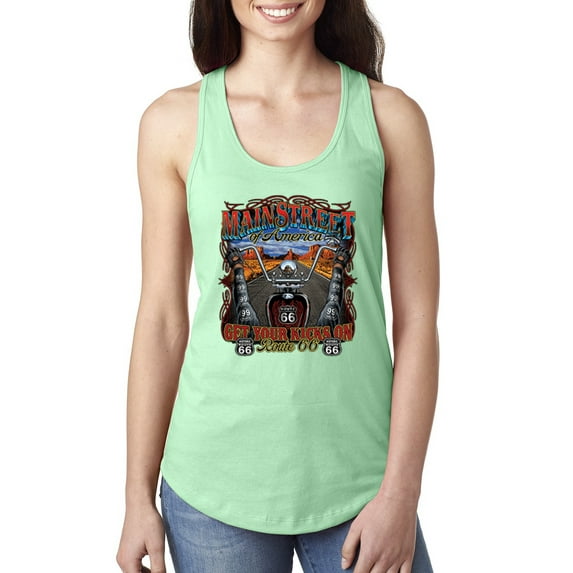 Wild Bobby, Main Street of America Route 66 Bike Motorcycle Cars and Trucks Ladies Racerback Tank Top, Mint, X-Large