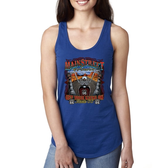 Wild Bobby, Main Street of America Route 66 Bike Motorcycle Cars and Trucks Ladies Racerback Tank Top, Royal, Large