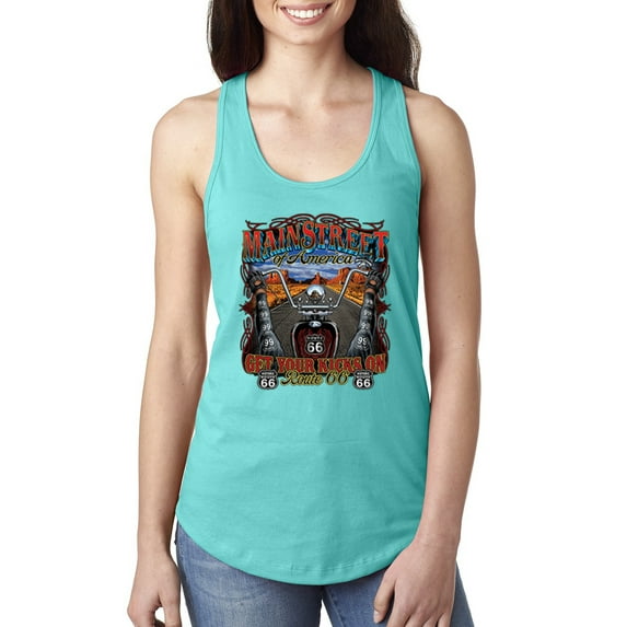Wild Bobby, Main Street of America Route 66 Bike Motorcycle Cars and Trucks Ladies Racerback Tank Top, Tahiti Blue, X-Large