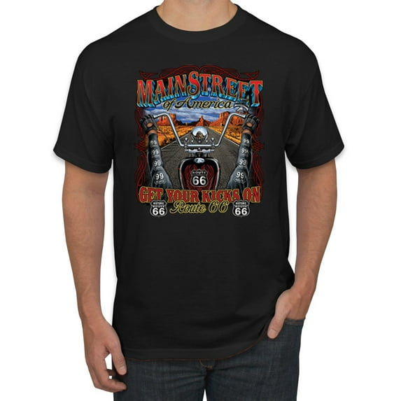 Wild Bobby, Main Street of America Route 66 Bike Motorcycle Cars and Trucks Men's Graphic T-Shirt, Black, Small