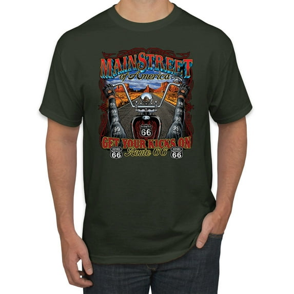 Wild Bobby, Main Street of America Route 66 Bike Motorcycle Cars and Trucks Men's Graphic T-Shirt, Forest Green, Large